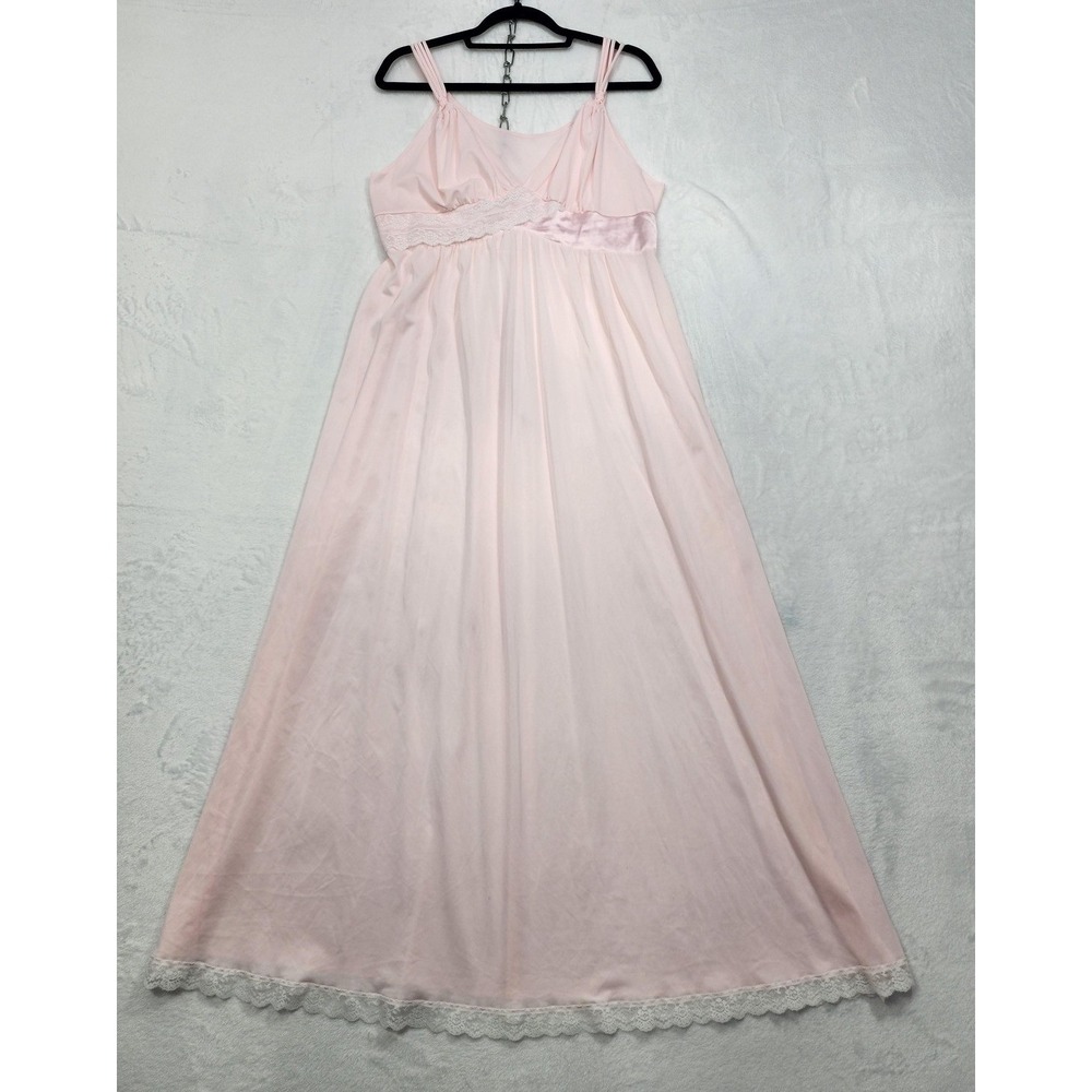 Vintage ShadowLine Gown Womens L Pink Nylon Lace Trim Nightgown Chemise Lingerie
